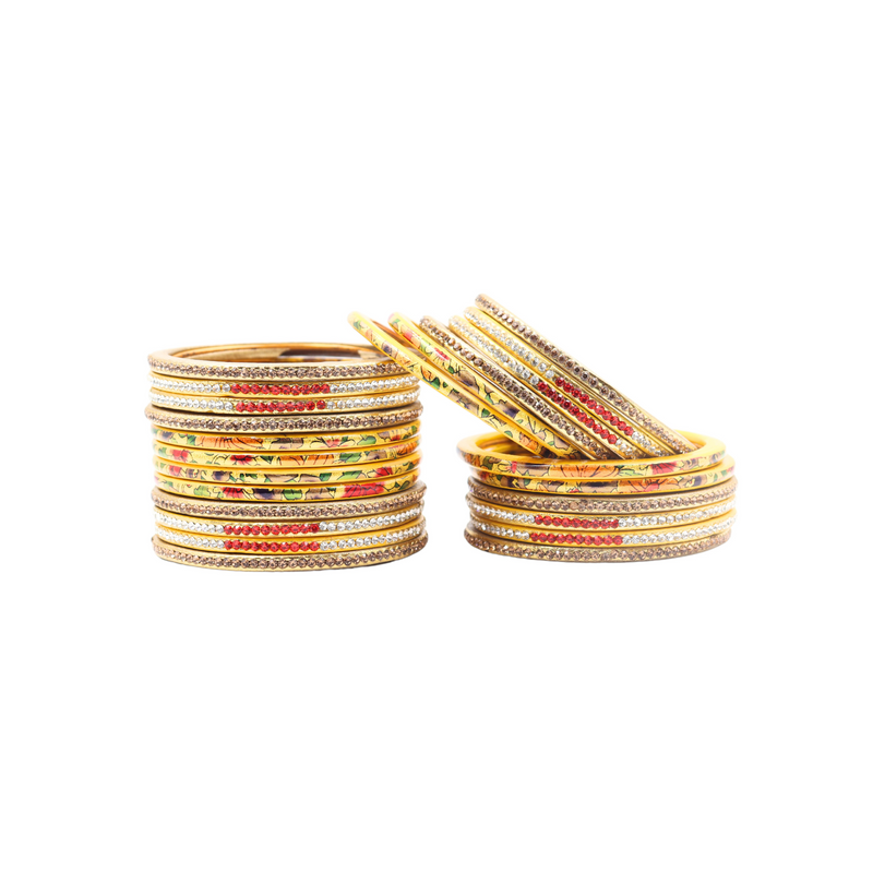 Lac Bangle Lahthi Handmade Bangle set Traditional Bangles Lakh Printed(24 Pieces set)Yellow