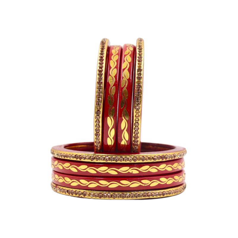 Lac Bangle Lahthi Handmade Bangle set Traditional Bangles Lakh Printed(8 Pieces set)Red