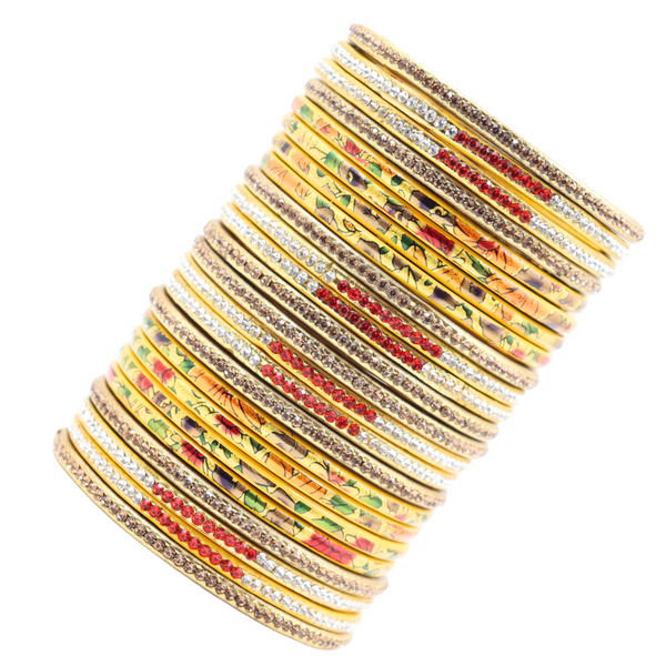 Lac Bangle Lahthi Handmade Bangle set Traditional Bangles Lakh Printed(24 Pieces set)Yellow