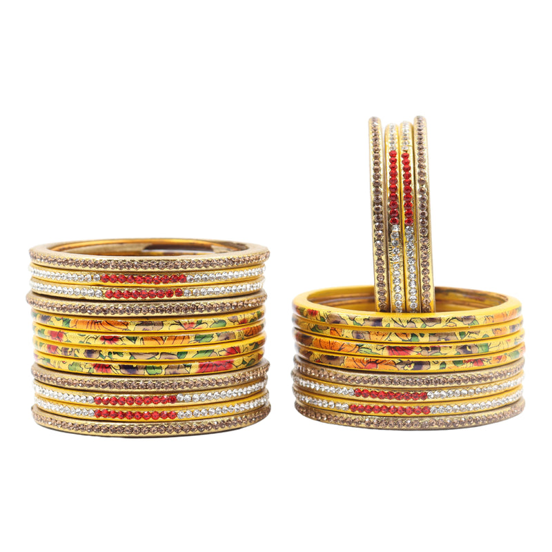 Lac Bangle Lahthi Handmade Bangle set Traditional Bangles Lakh Printed(24 Pieces set)Yellow