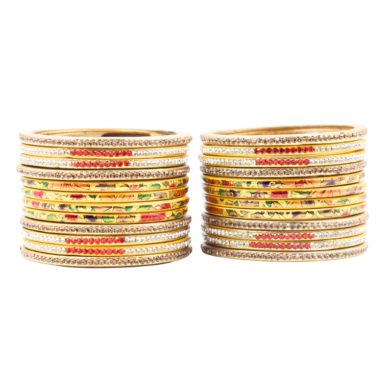 Lac Bangle Lahthi Handmade Bangle set Traditional Bangles Lakh Printed(24 Pieces set)Yellow