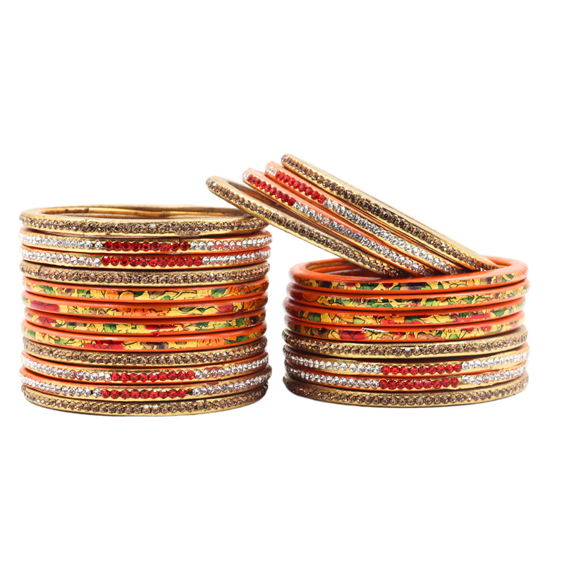 Lac Bangle Lahthi Handmade Bangle set Traditional Bangles Lakh Printed(24 Pieces set)Orange