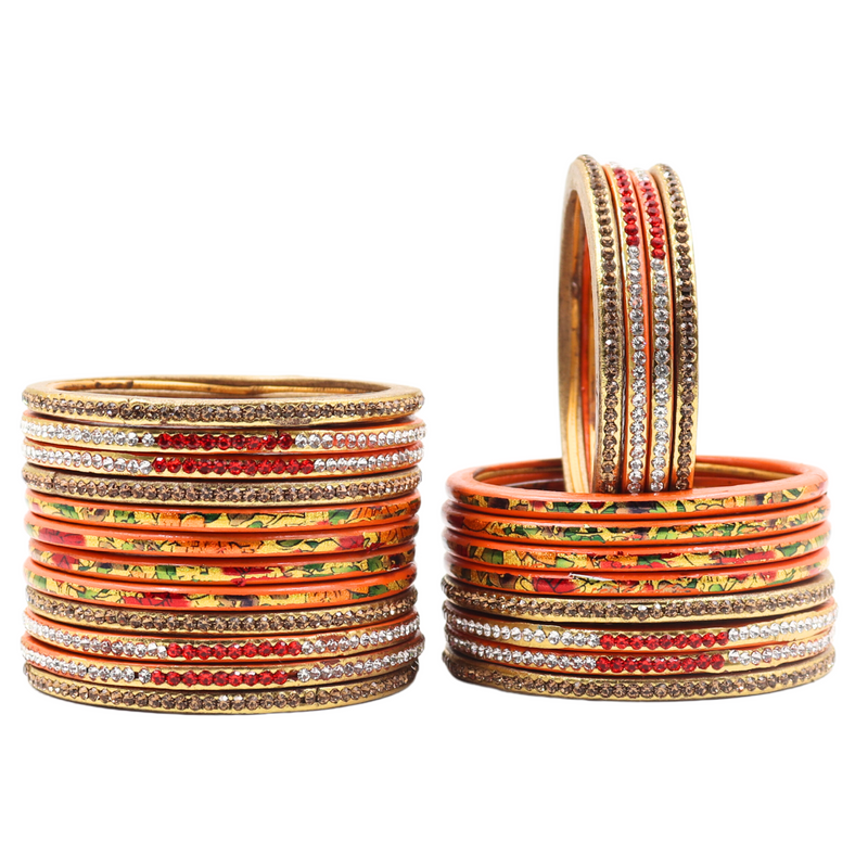 Lac Bangle Lahthi Handmade Bangle set Traditional Bangles Lakh Printed(24 Pieces set)Orange