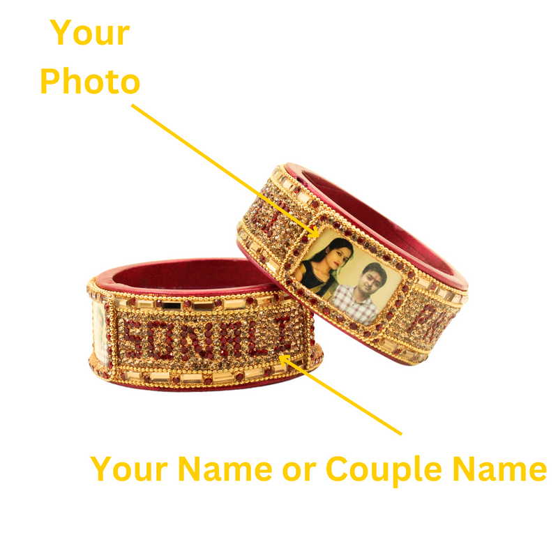 Customized Name and Photo Lac Bangles Handmade Lakh Bangle Lahthi Kada 2 Pieces set